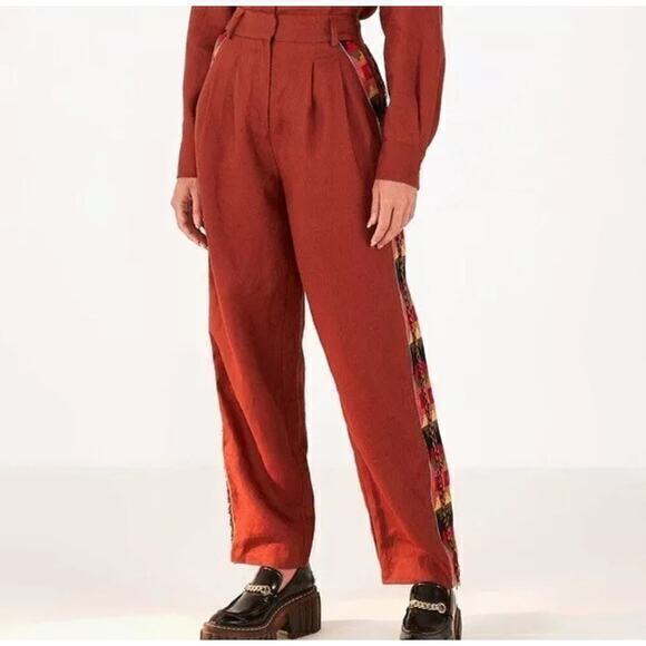 Farm Rio‎ Brown Carrot 100% Linen Pants with Beaded Sides size XL Pleated Boho - Picture 1 of 11